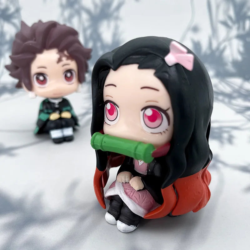 Anime Cute Q Versão Demon Slayer Action Figure Sentada Tanjiro Kamado Nezuko PVC Action Model Kid Toy Gift 8/9cm
