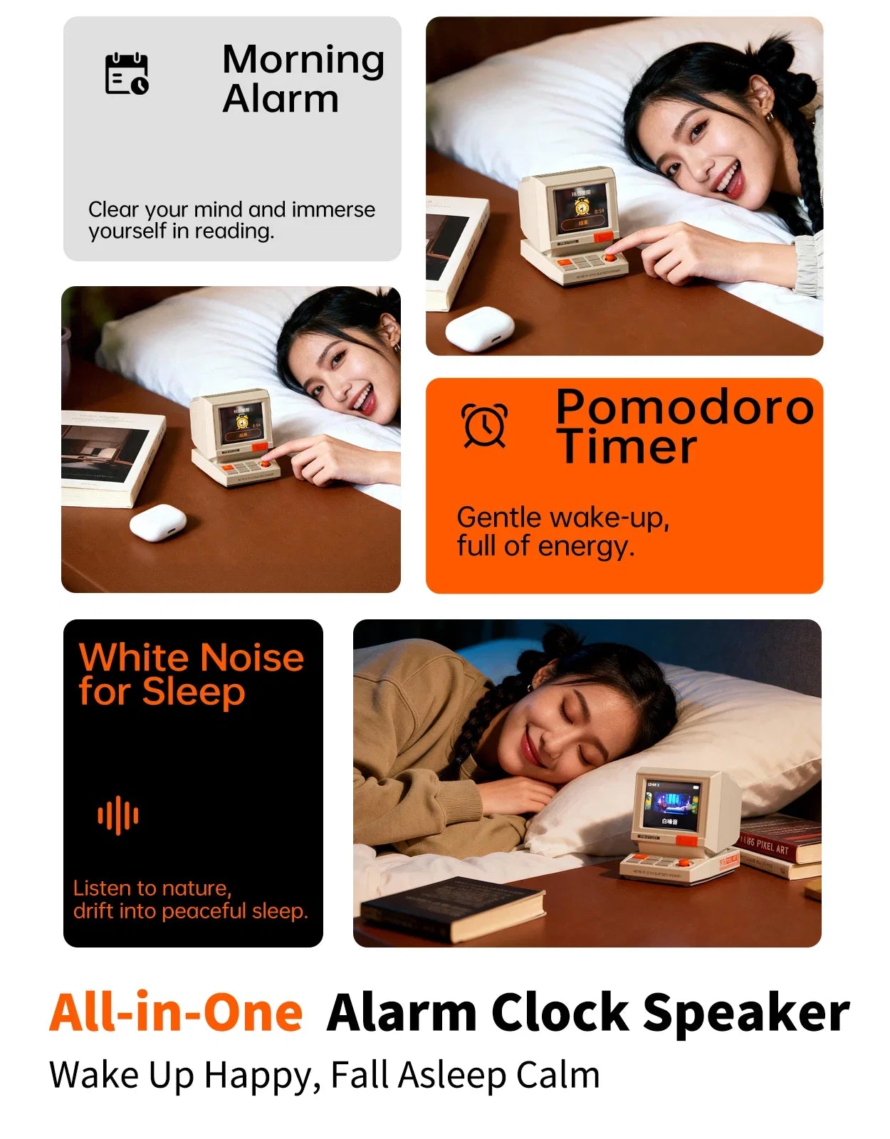 Divoom MiniToo Pixel Retro Bluetooth Speaker, App Control Clock & Alarm, White Noise, Portable Cute Desk Speaker Gift