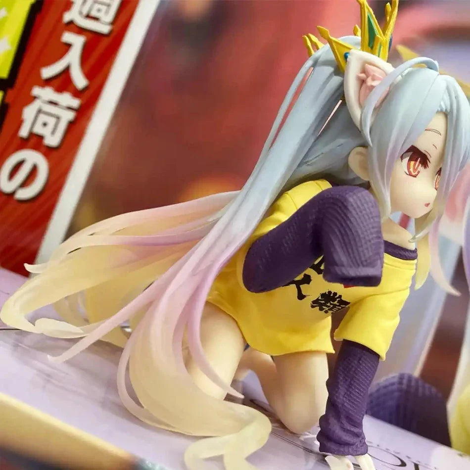 In stock anime no game no life: zero shiro desktop cute white figure for cat ear t-shirt 10cm model toy figure ornaments present