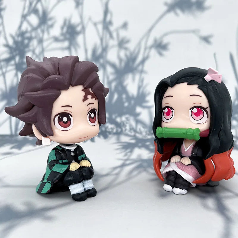 Anime Cute Q Versão Demon Slayer Action Figure Sentada Tanjiro Kamado Nezuko PVC Action Model Kid Toy Gift 8/9cm