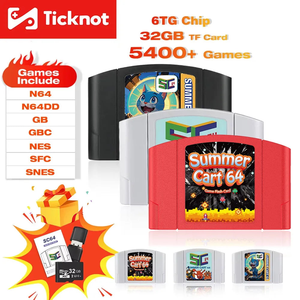 TicKnot 6TG SC64 Game Card SummerCart 64 For Nintendo 64 Game Console 32GB TF Card Built In 5400+ N64/SFC/SNES/NES/GB/GBC Games