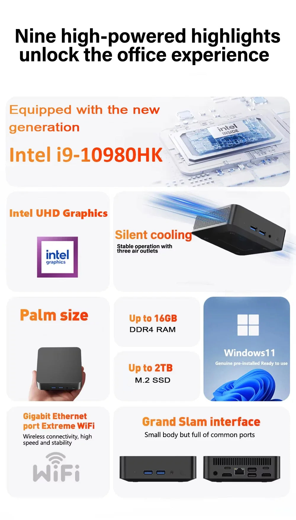 Intel Core i9 10980HK Portable Mini PC Computer Windows 11 16GB 1/2TB SSD Gaming Computer WiFi 6 USB office Mini Desktop PC