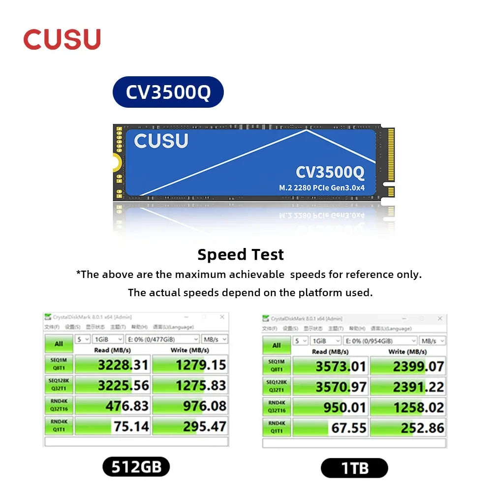 CUSU SSD 512GB 1TB 2TB NVMe M2 PCIe3.0 M.2 2280 Hard Drive Solid State Disk for Laptop Desktop