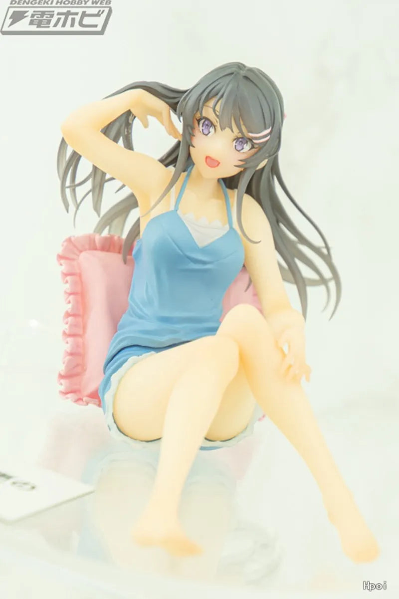 9CM Anime Figure Sakurajima Mai Blue Suspenders Shorts Loungewear Sitting PVC Boxed Model Collection Gift Ornament Decoration