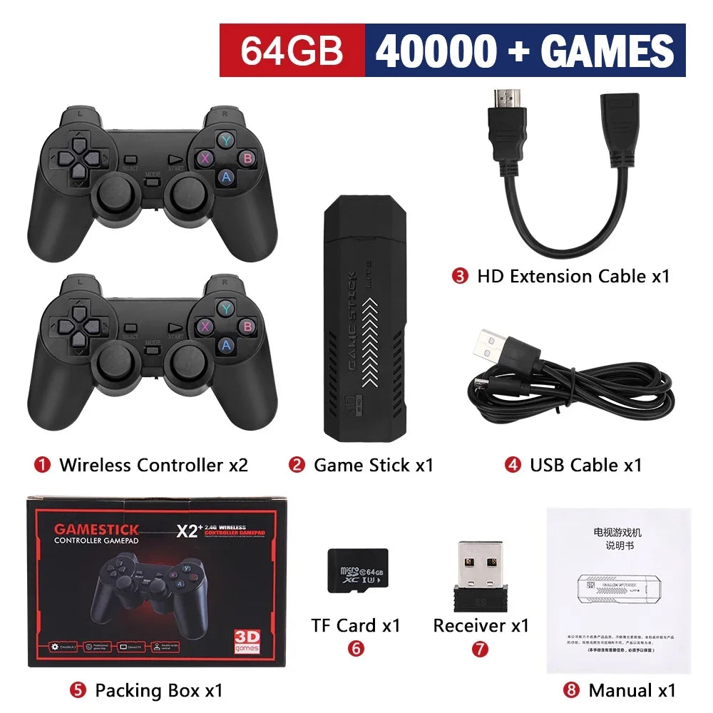 4K HD Video Game Console 32/256G 60000+Games X2 Plus Game Stick 2.4G Double Wireless Controller Game Stick For N64/PSP/PS1/GBA