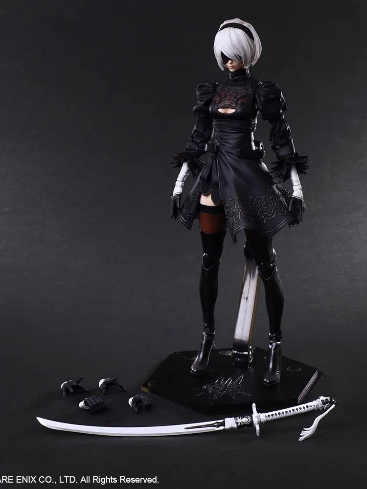 PLAY ARTS Original 1/6  Nier White Hair Movable Girl Action Figure 2B Sister Mini Long Sword Weapon Decor 12" Female Soldier