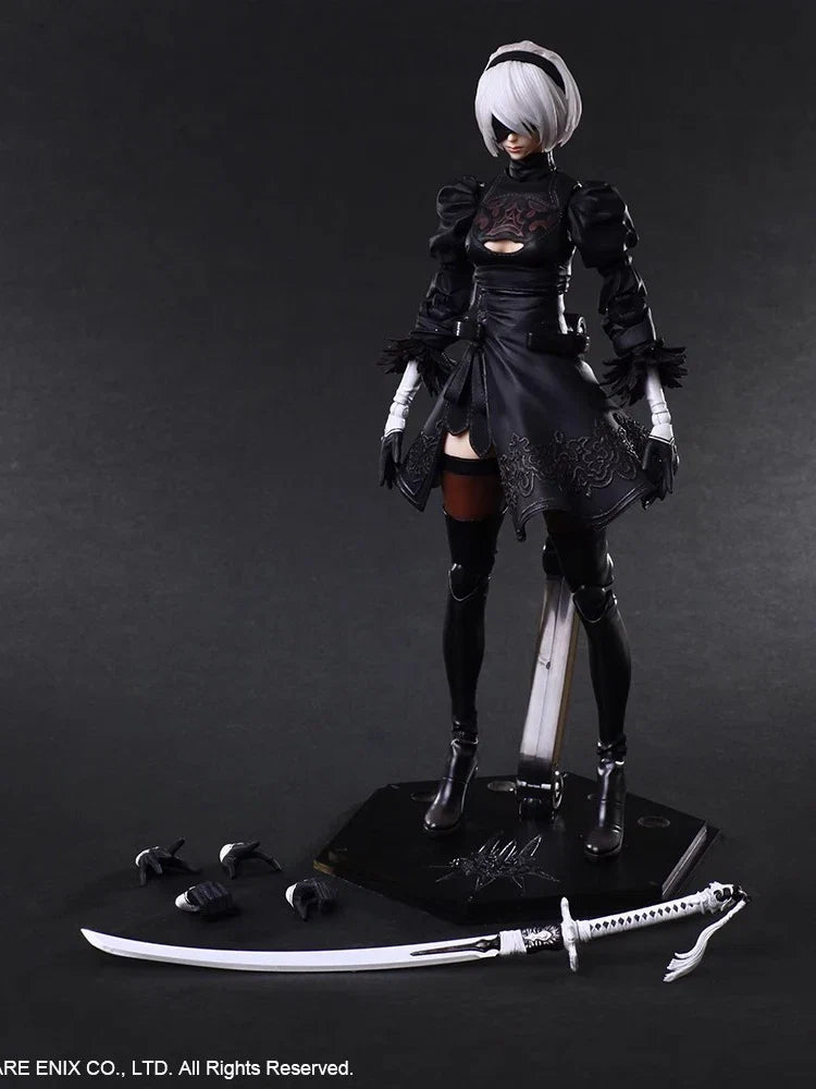 PLAY ARTS Original 1/6  Nier White Hair Movable Girl Action Figure 2B Sister Mini Long Sword Weapon Decor 12" Female Soldier