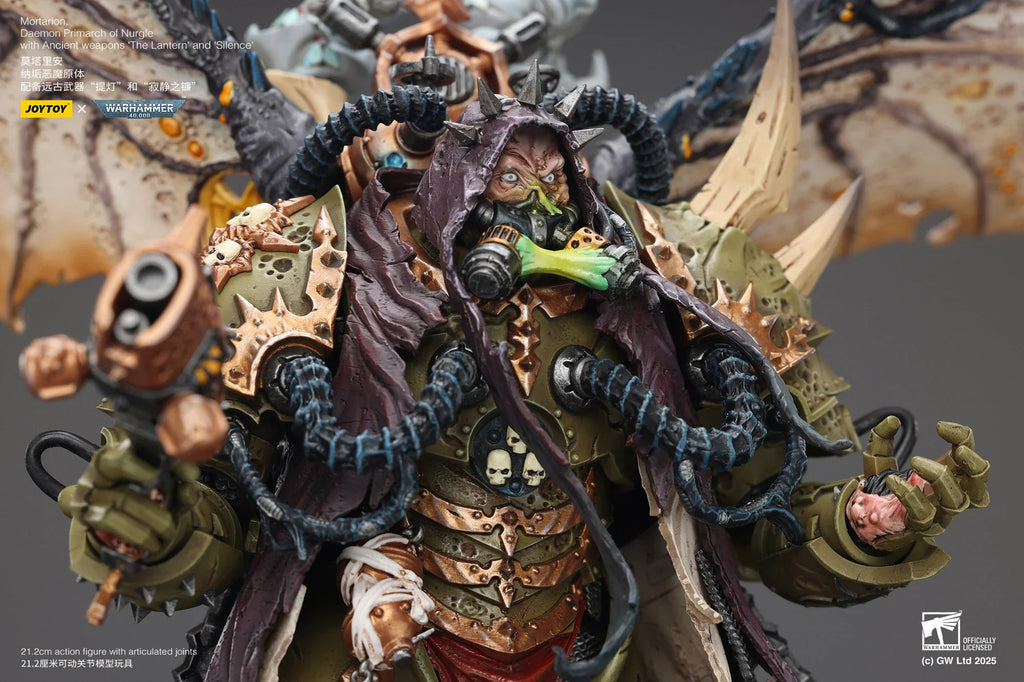 JOYTOY Warhammer 40K Action Figure Mortarion Daemon Primarch of Nurgle with Ancient weapons The Lantern and Silence Model Toys