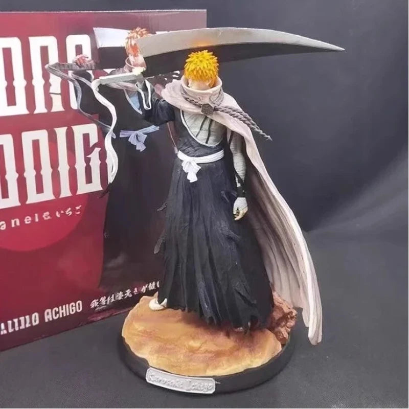 Bleach 33cm Kurosaki Ichigo Action Figures GK Kit Carrying Sword Model Wearing Cloak Sculpture Anime Toy Desktop Ornament Gift