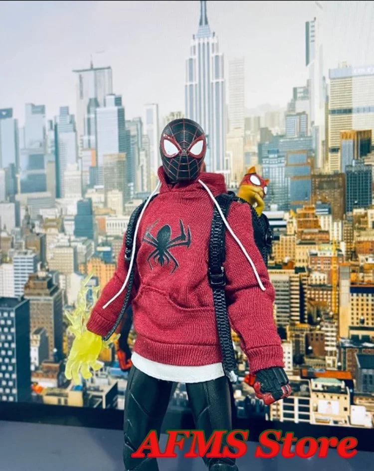 1/12 Men Soldier Miles Cosplay Clothes Long Sleeve Print Hoodie Black Backpack Sneaker For DIY 6" Spider Boy Action Figure Body