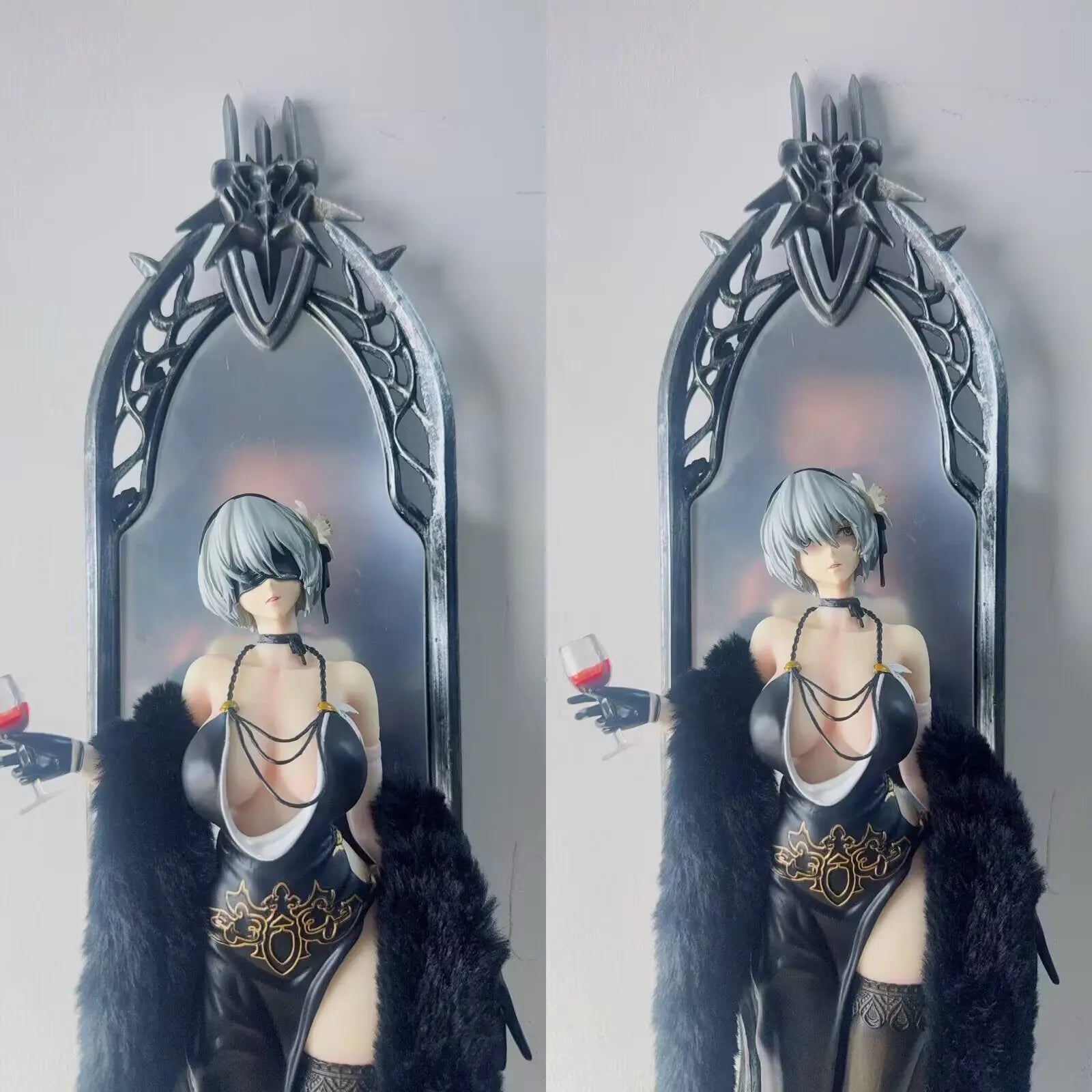 60cm NieR Automata 2B Night Banquet Dress Ver. Dual Head GK Figure Mirror Base Anime Girl Collectible Model Statue