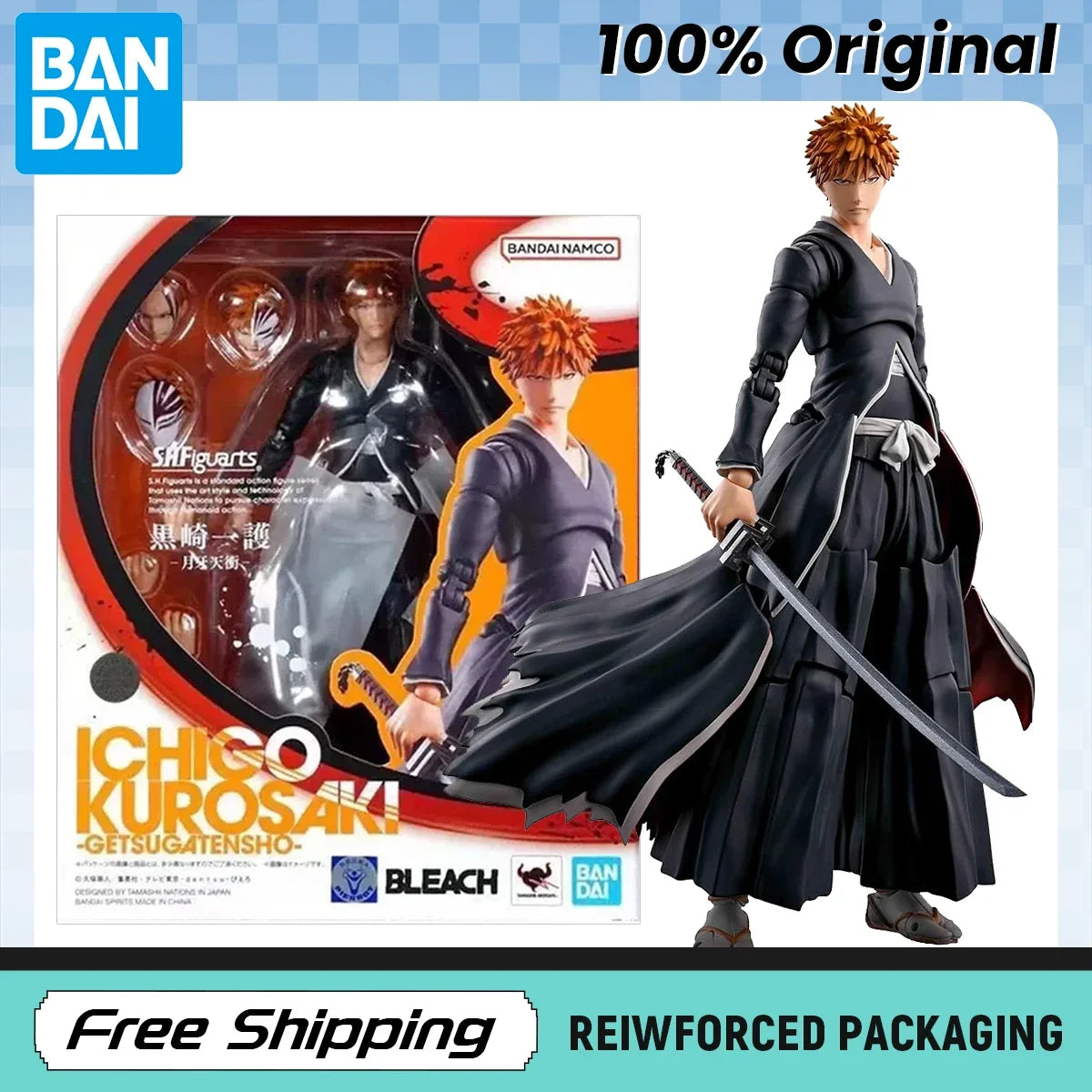 In Stock BANDAI Bleach SHT Kurosaki Ichigo Getsuga Tensho Joints Movable Original Model Kit Action Figure Toy Gift Collecting
