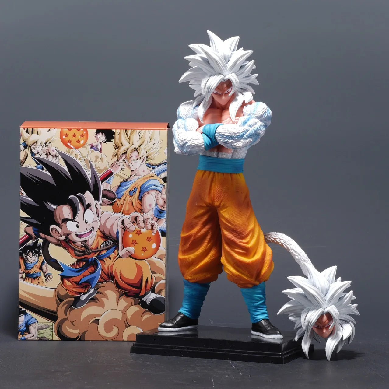 Super Saiyan Super Five Goku White Hair Double Headed Statue Collectible Action Figure Boxed Standing Sculpture Toy