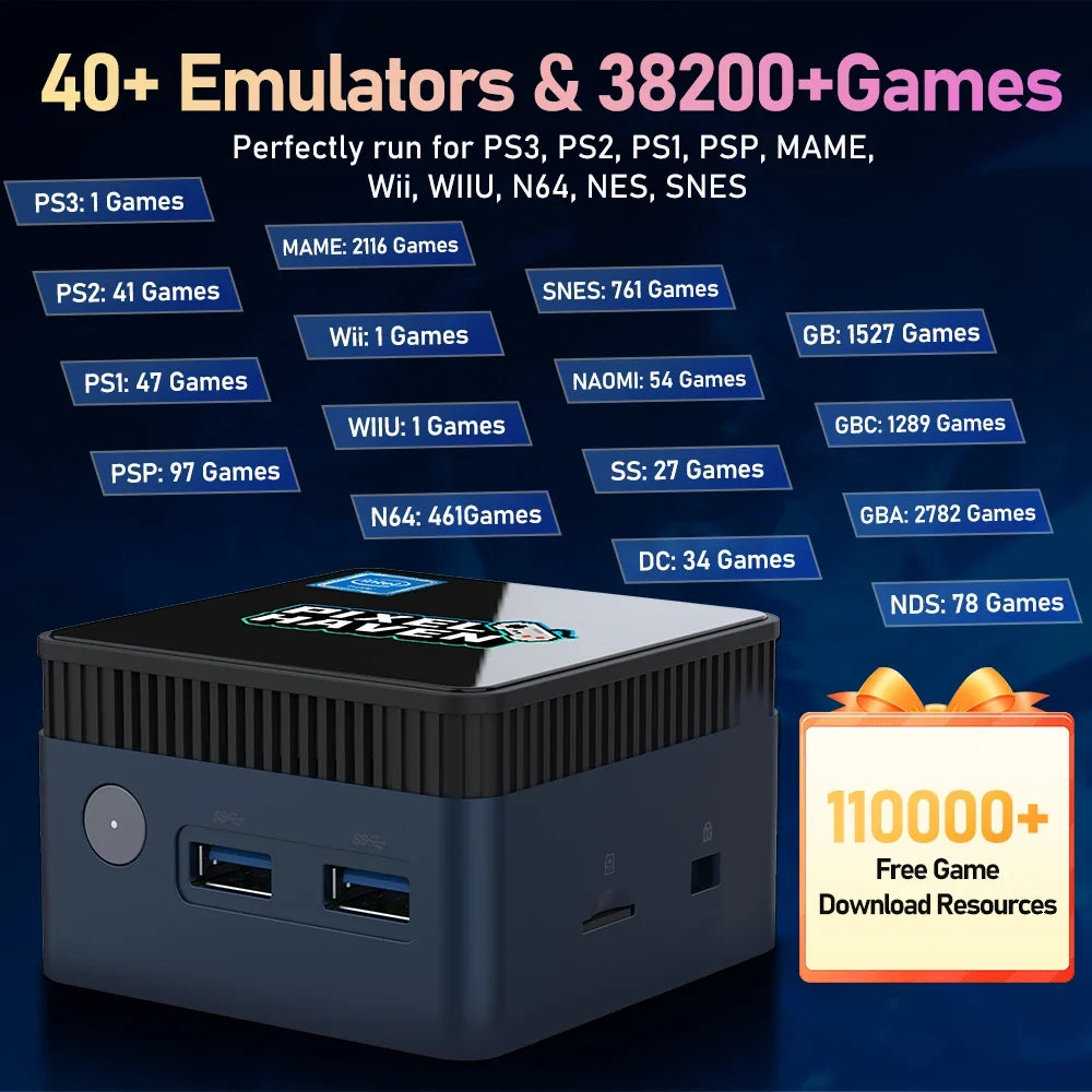 JMachen Pixel Haven Mini PC Box Windows 11&Retrobat&Playnite with 38200+Games for PS3/2/1/PSP/MAME/Wii Plug and Play Intel N100