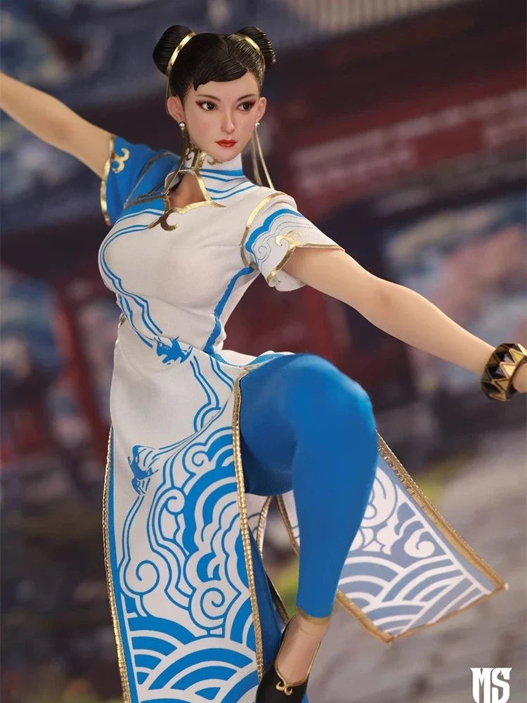 STAR MAN MS-011 1/6 Chun Li Cloth Action Figure Blue White Cloud Print Cheongsam Design 12" Female Fighter Soldier Model