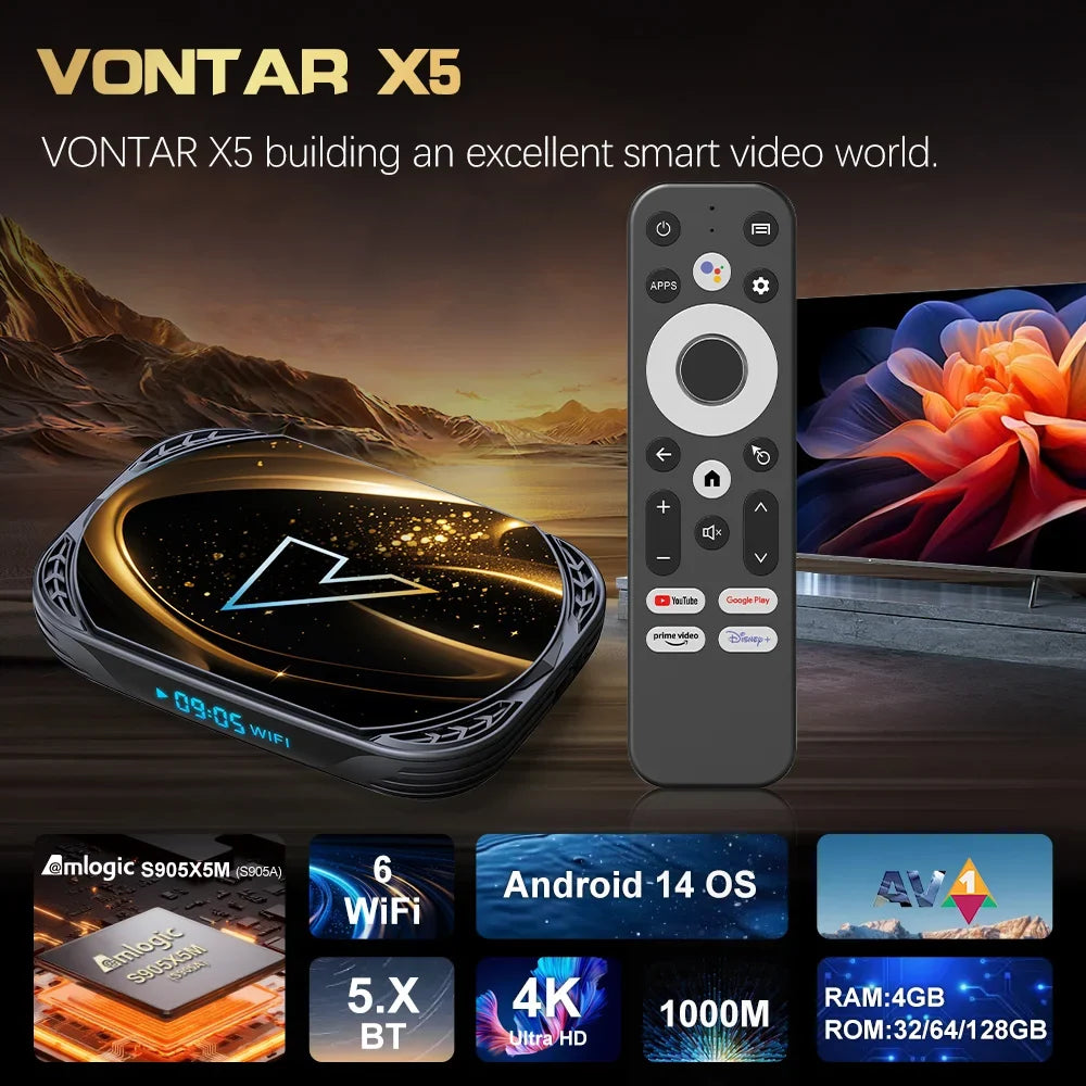 VONTAR X5 Android 14 TV Box Amlogic S905X5M(S905A) 4GB 128GB 32GB 64GB 1000M Wifi6 4K AV1 Google Play Media Player Set top box