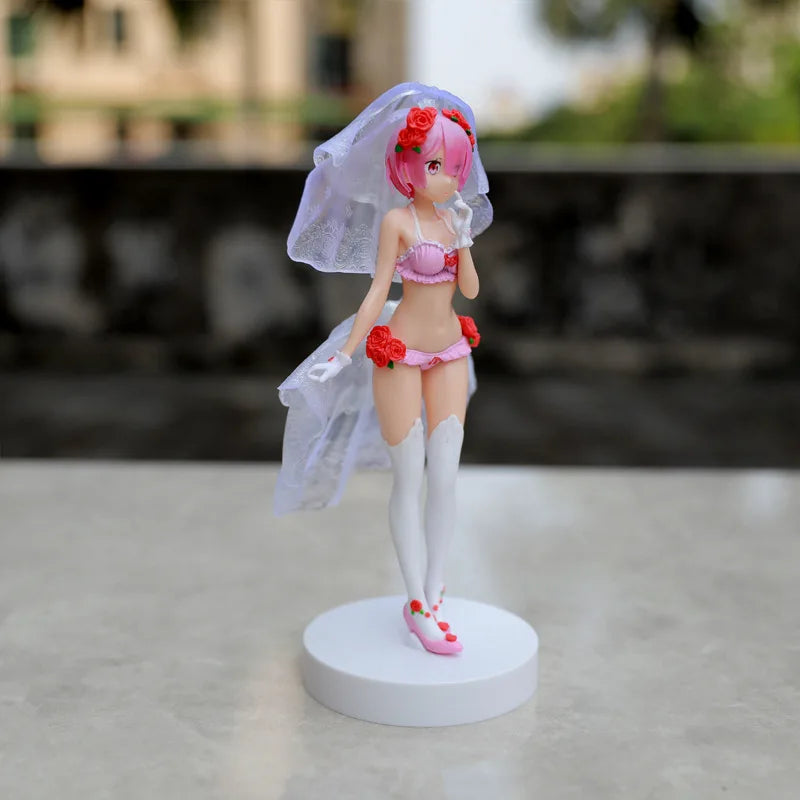 BANDAI 25CM Rem Anime Figure Re:Zero kara Hajimeru Isekai Seikatsu Kawaii Ram Crystal Wedding Dress Model PVC Doll Toys