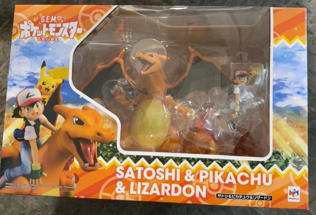 Hot Sale Original MegaHouse G.E.M.Series Pocket Monsters SATOSHI &PIKACHU & LIZARDON 19CM Limited Edition Toys Model Statue