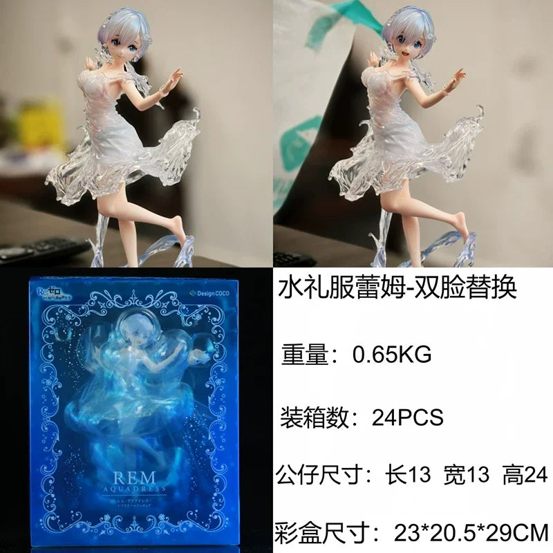 New 24cm Re:Zero Starting Life In Another World Rem Water Dress Dual Face Replacement Standing Pose Anime Figure Model Toy