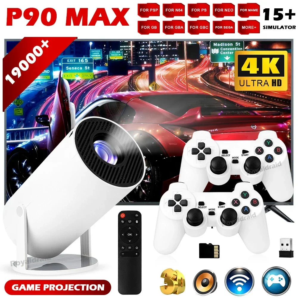 P90 Max Video Game Console w 2 Wireless Controllers 19000+ Retro Games Support 4K 1080P Androd11 Portable Smart Gaming Projector