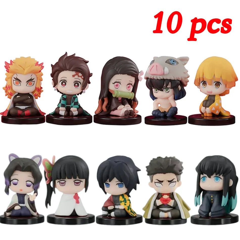 Anime  Demon Slayer Sitting Ghost Doll Anjiro Nidouzi Inosuke Zenizu 10pcs Set Q Version Figure Action Figure Movie Model Toy