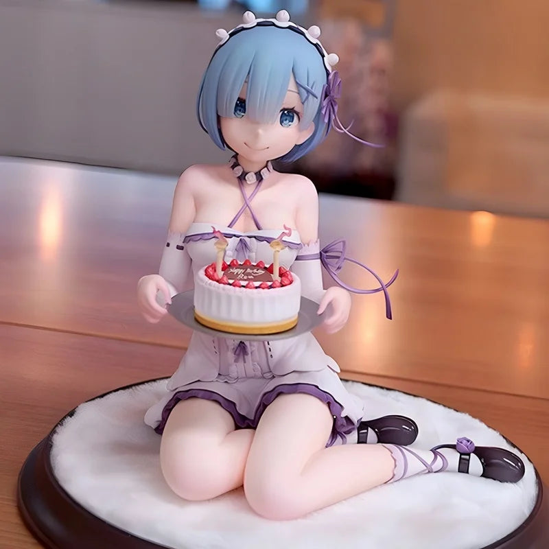 Re Zero Starting Life in Another World Rem Birthday Cake Figure PVC Anime Model Collectible Desk Decoration Blue Haired Gift