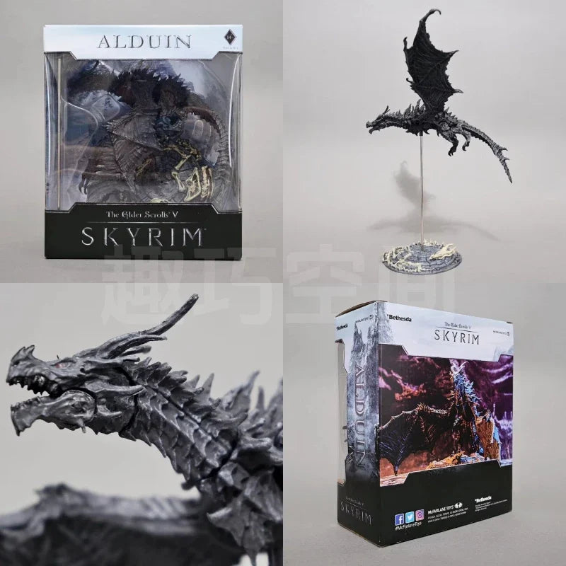 25cm Alduin Schwarzer Drache Actionfigur The Elder Scrolls V Skyrim Bewegliche Sammlerstatue mit Box für Spielefans