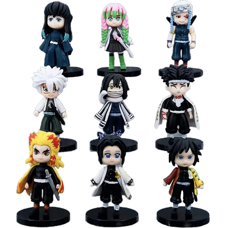 9pcs Q Version Demon Slayer Sitting Ghost Doll Tanjiro Nidouzi Inosuke Zenizu Toy Figural PVC Model Gift