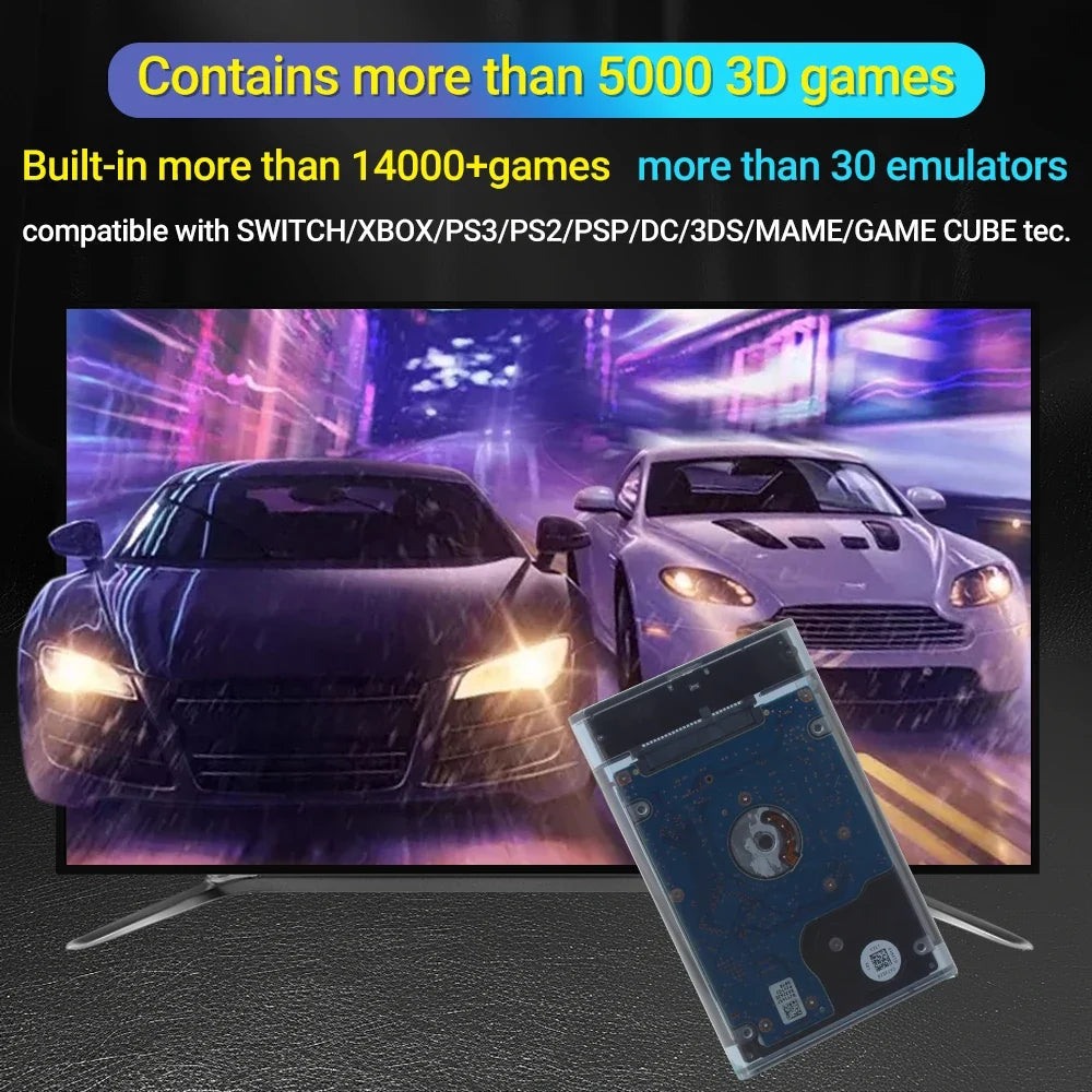 PEAPRIT 500G Gaming HDD Retro Game Console 14000 Video Games 30 Emulators for SWITCH/X BOX/PS3/PS2/PSP Plug and Play Batocera OS