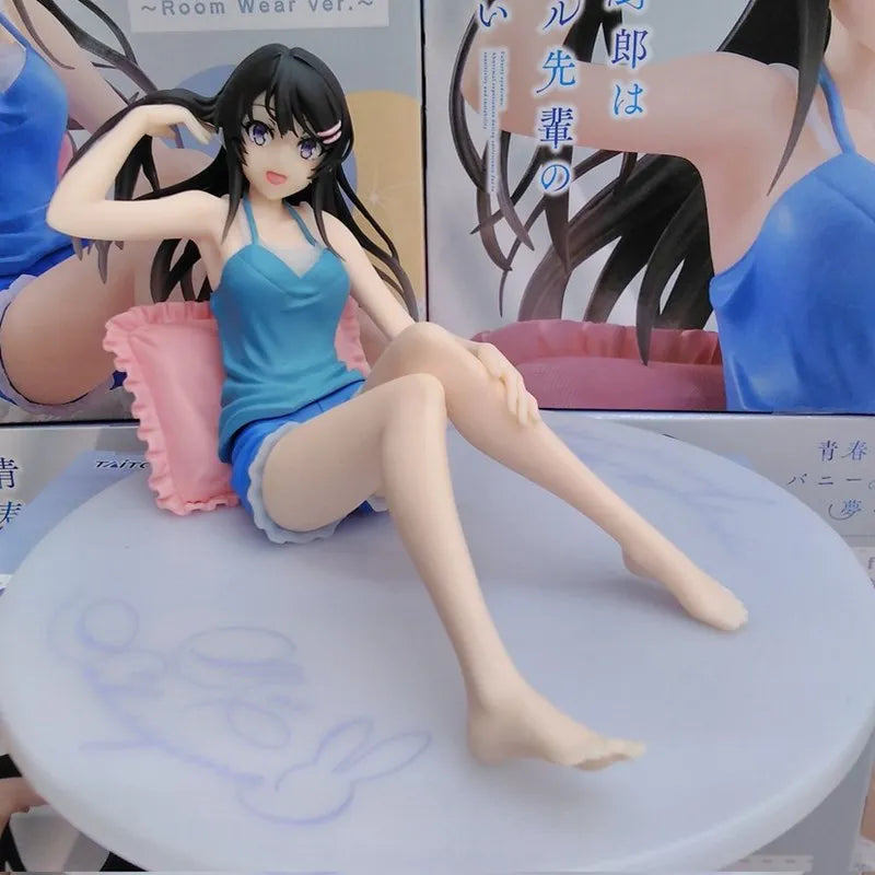 9CM Anime Figure Sakurajima Mai Blue Suspenders Shorts Loungewear Sitting PVC Boxed Model Collection Gift Ornament Decoration