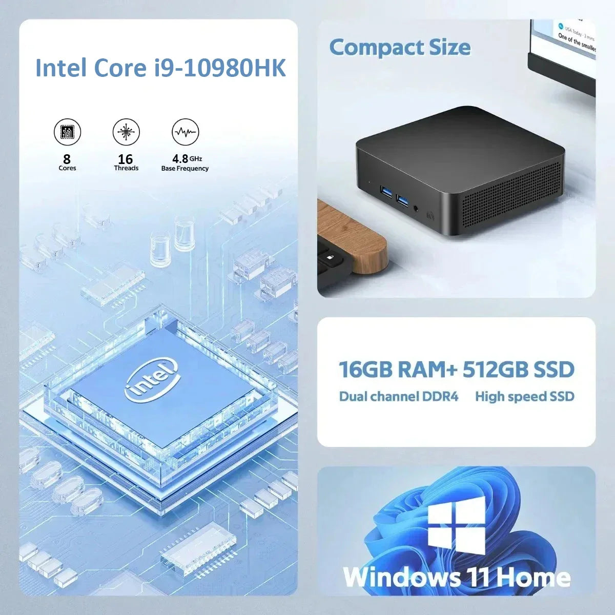 Portable Mini PC Windows 11 Pro Core i9 10980HK Desktop Gaming Computer PC 16GB RAM 1TB 2TB SSD WiFi 6 Portable Pc Gamer