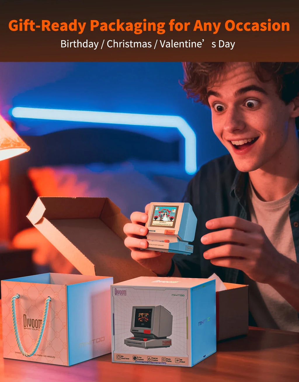 Divoom MiniToo Pixel Retro Bluetooth Speaker, App Control Clock & Alarm, White Noise, Portable Cute Desk Speaker Gift