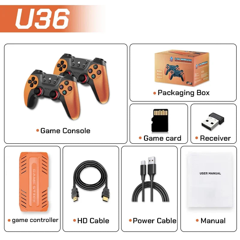 U36 Wireless Retro Game Stick HD S905 128G 50,000+ Games Support 40+ Classic Emulators For PS1/PSP with 2.4G Wireless Controller