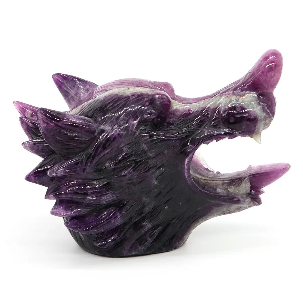 5.5" Wolf Head Natural Fluorite Reiki Healing Gemstone Carved Stone Animal Figurine Feng Shui Crafts Home Office Decoration Gift