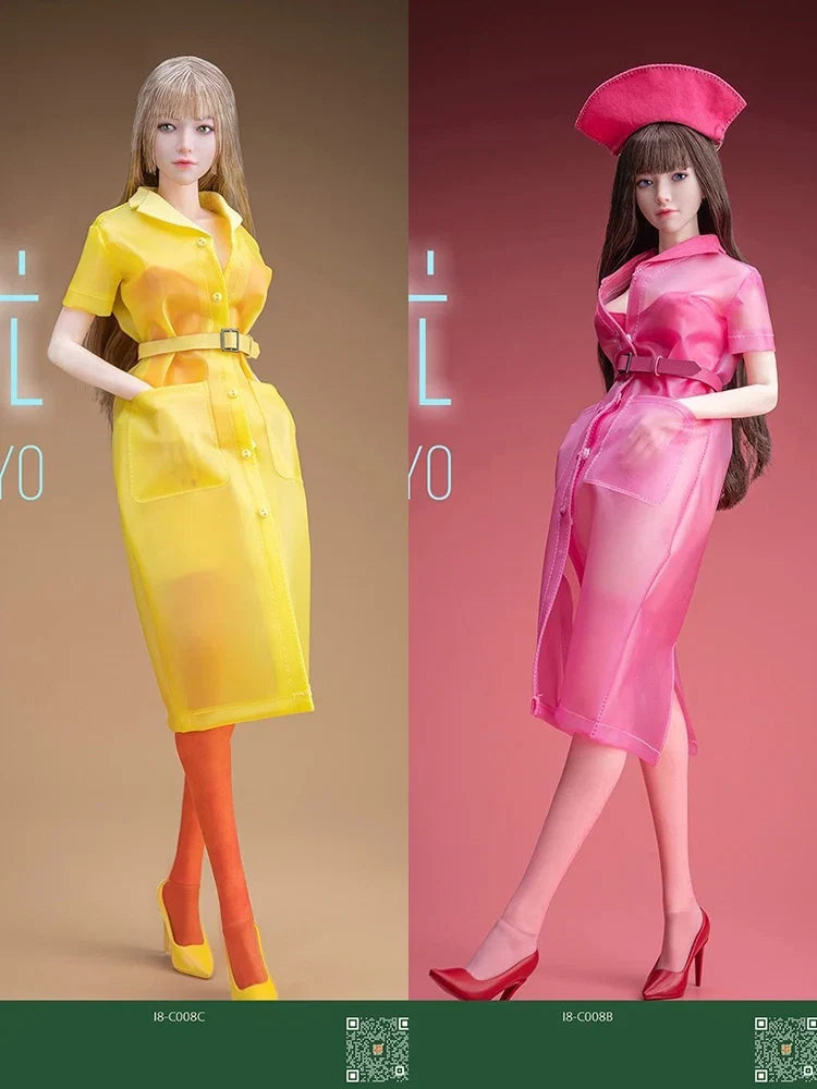 I8TOYS 1/6 Female Figure Beauty Head Sculpt Union Suit Transpaerent Raincoat Heels I8-C008 Clothes Set Accessory For 12" Body