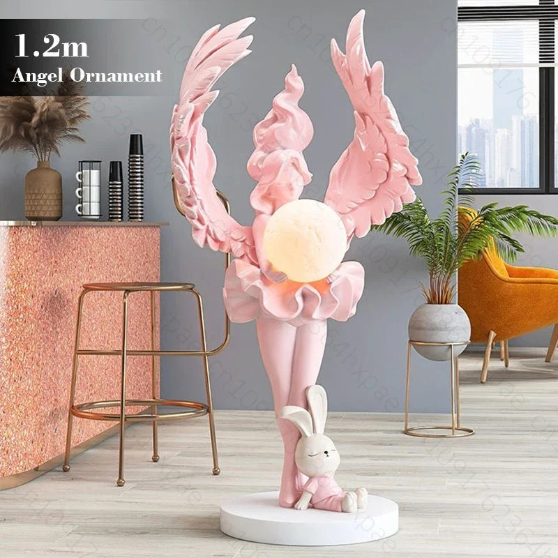 Elegant AngelGirl with Lighting Floor Sculpture Living Room Stylish Statue Angel Standing Ornaments Home Interior Decor Figurine