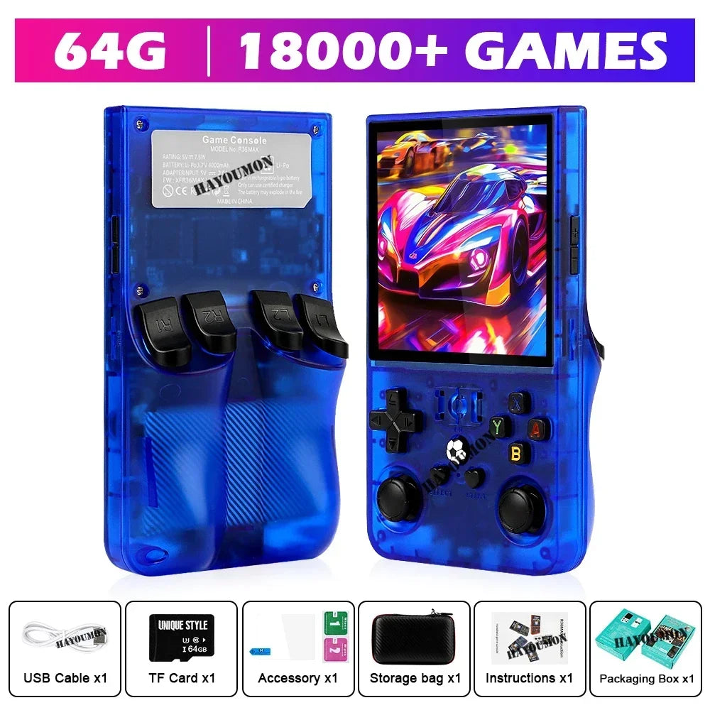 Gray R36 Max Console Handheld Game Players 4" IPS Screen Open Source Console Retro Pocket Video Player 128G Up to 20000+ Games