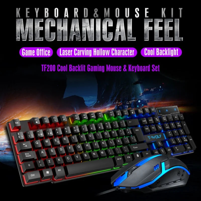 TF200 Wired Keyboard Mouse Combos 104 Keys RGB Blacklight Multi-function USB Gaming Keyboard English Russian for Game Office