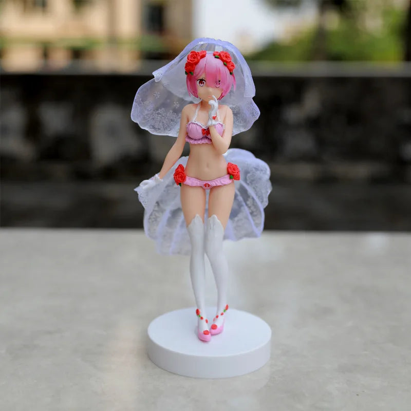 BANDAI 25CM Rem Anime Figure Re:Zero kara Hajimeru Isekai Seikatsu Kawaii Ram Crystal Wedding Dress Model PVC Doll Toys