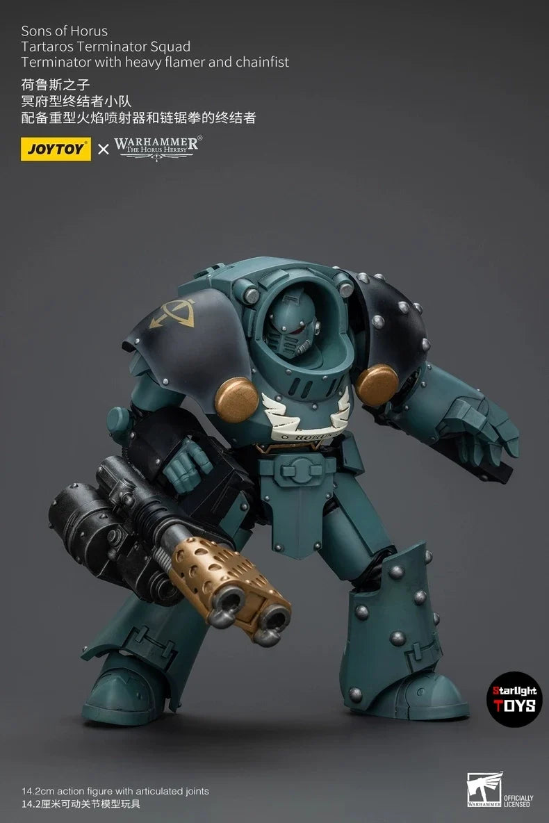 JOYTOY 1/18 Action Figure Warhammer 40K Sons of Horus Tartaros Terminator Squad Heavyflamer and Chainfist Toys Model Gift