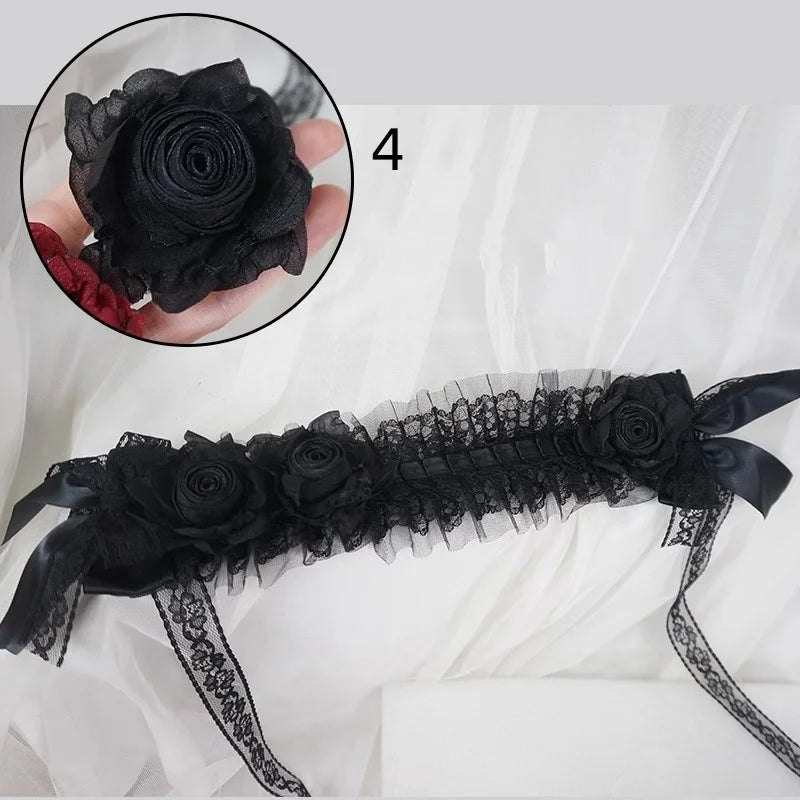 Handmade Rose Girl Lace Bow Dark Headpiece Gothic Bride Scorched Edge Rose Flower Headband Halloween lolita Doll Hair Accessory