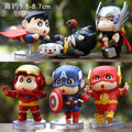 6pcs/set Anime Crayon Shin-chan Cos Captain America Iron Man q-version Action Figure PVC Model Toys Desk Decor Collectible Gifts