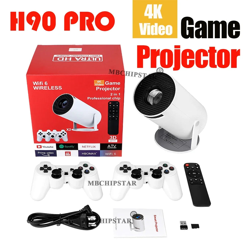 H90PRO Android11 Gaming Projector Support 4K Video Home Cinema Portable Projector Wireless Game Controllers Built-in 19000+Games