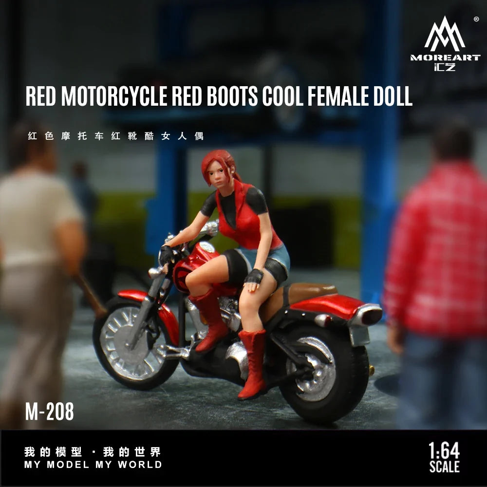 MoreArt 1:64 Red Motorcycle Red Boot Cool Female Figure Resin Model, Miniature Scene Decoration Gift&Display