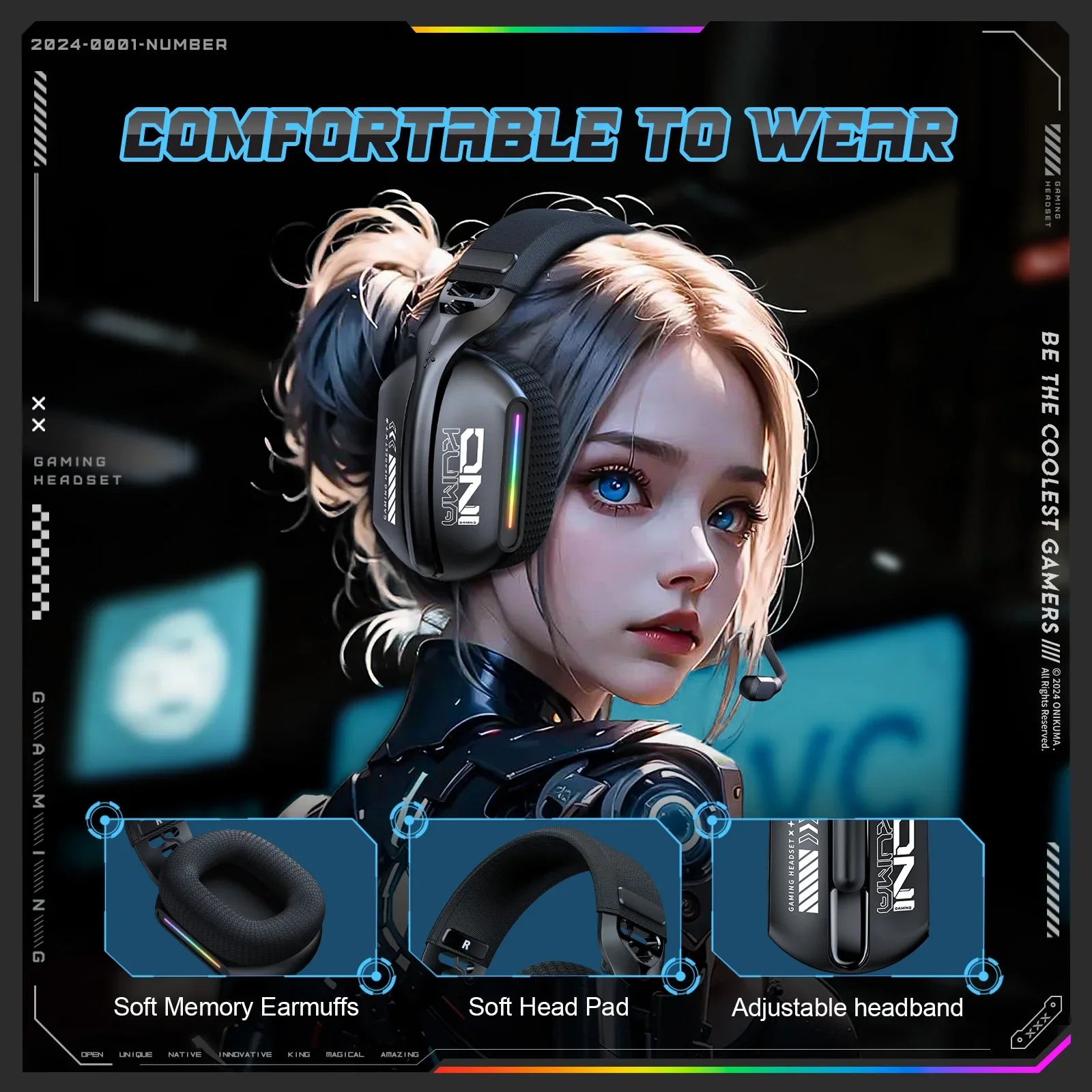 Onikuma Gt808 Three Mode with Mic E-Sports Wireless Gaming Headset Rgb Lighting Supports Bluetooth 5.3 / 2.4g / Aux 3.5mm