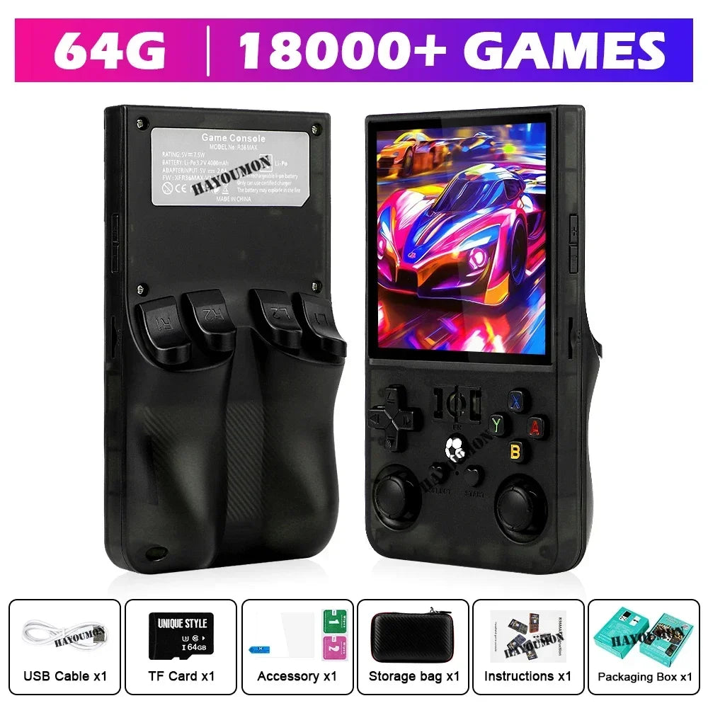 Gray R36 Max Console Handheld Game Players 4" IPS Screen Open Source Console Retro Pocket Video Player 128G Up to 20000+ Games
