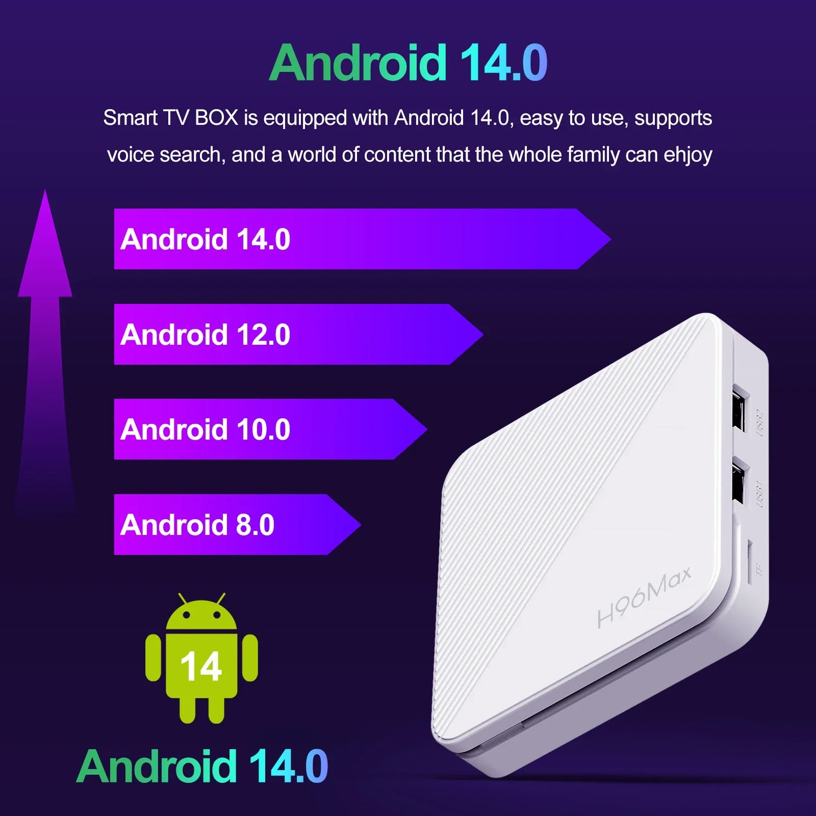 H96 MAX H313 Smart TV Box Android 14 ATV TV Box 4K@60fps 100M/LAN Wifi6 BT5.0 Google Voice Assistant Media Player Set Top Box
