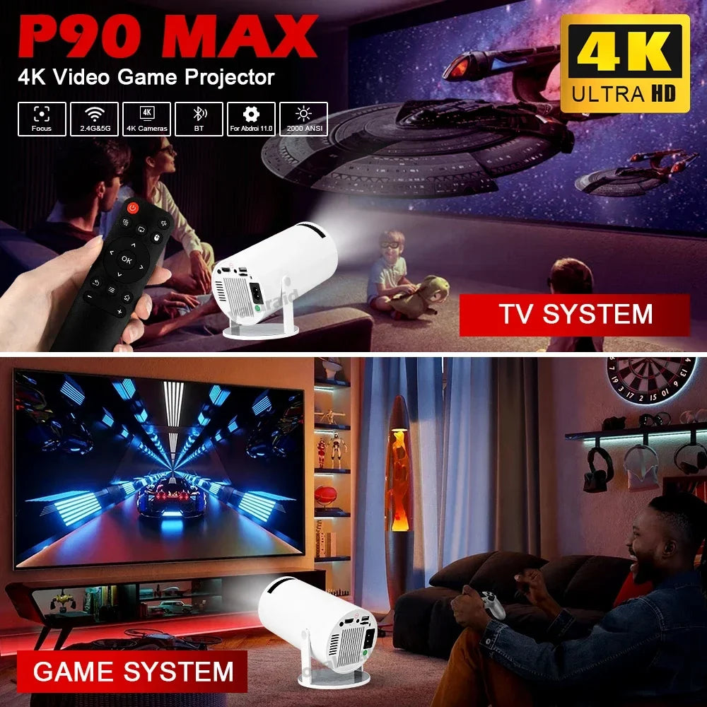 P90 Max Video Game Console w 2 Wireless Controllers 19000+ Retro Games Support 4K 1080P Androd11 Portable Smart Gaming Projector