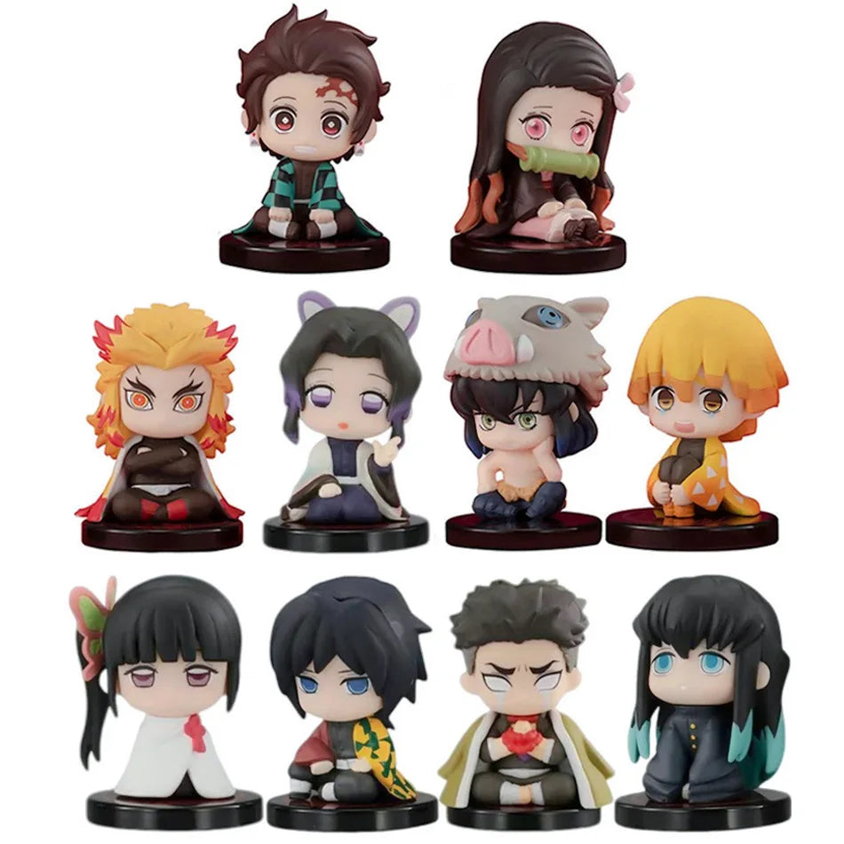 Anime  Demon Slayer Sitting Ghost Doll Anjiro Nidouzi Inosuke Zenizu 10pcs Set Q Version Figure Action Figure Movie Model Toy