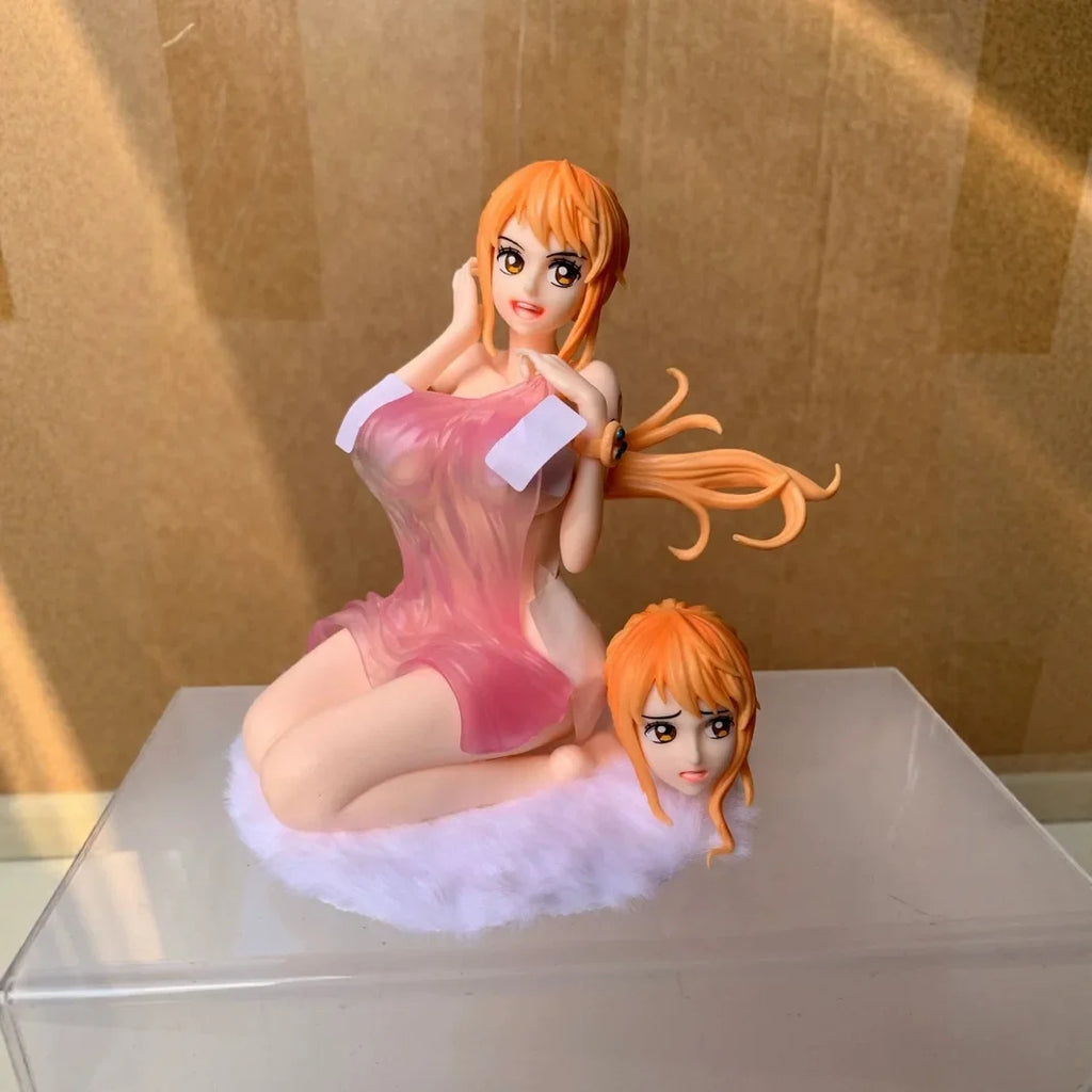 One Piece Anime Girl Figures Bathrobe Nami Dual Head Interchangeable Figurines Car Decoration Doll Model Kids Toys Fans Gifts
